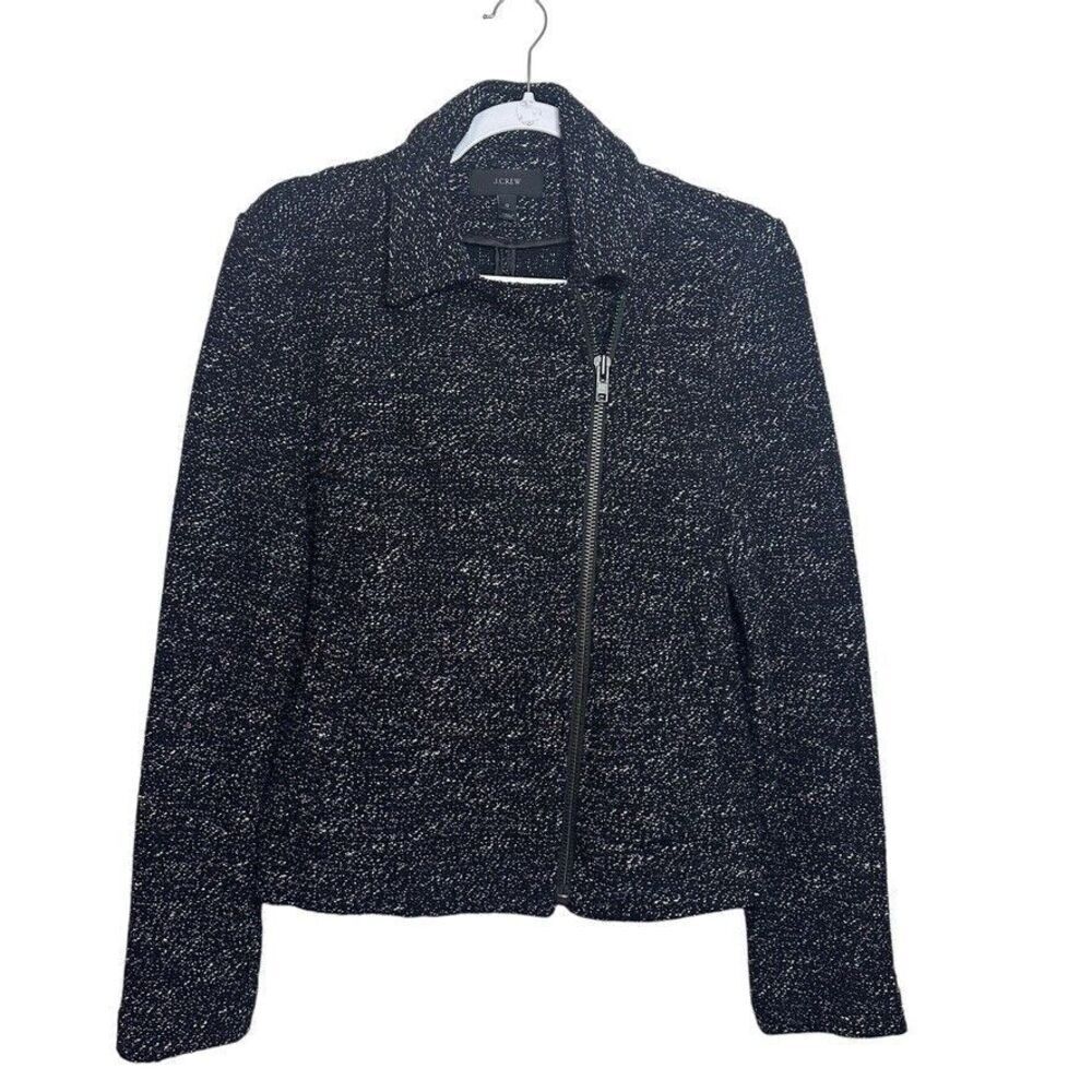 J Crew Jacket Women 12 Black White Tweed Wool Blend Moto‎ Zip Coat Boho